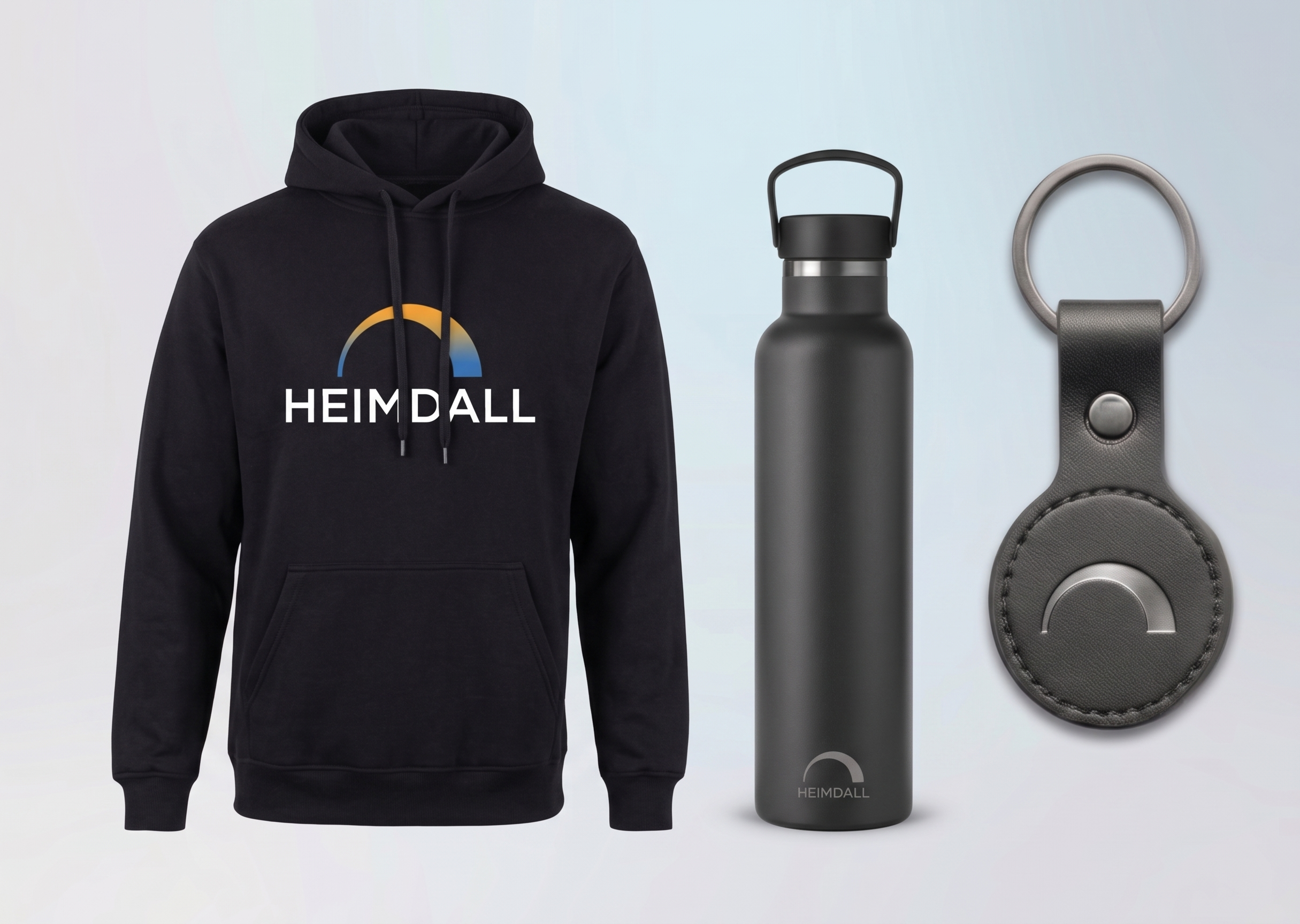 Heimdall hoodie, bottle, and keychain