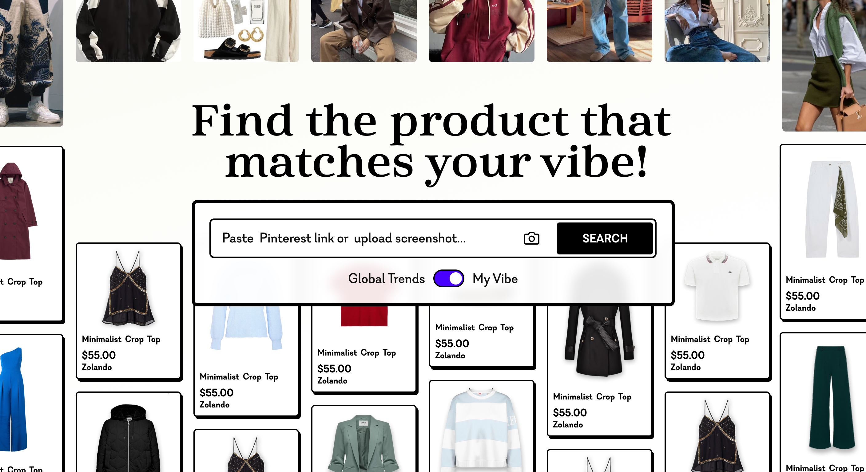 Vibepin search and product grid